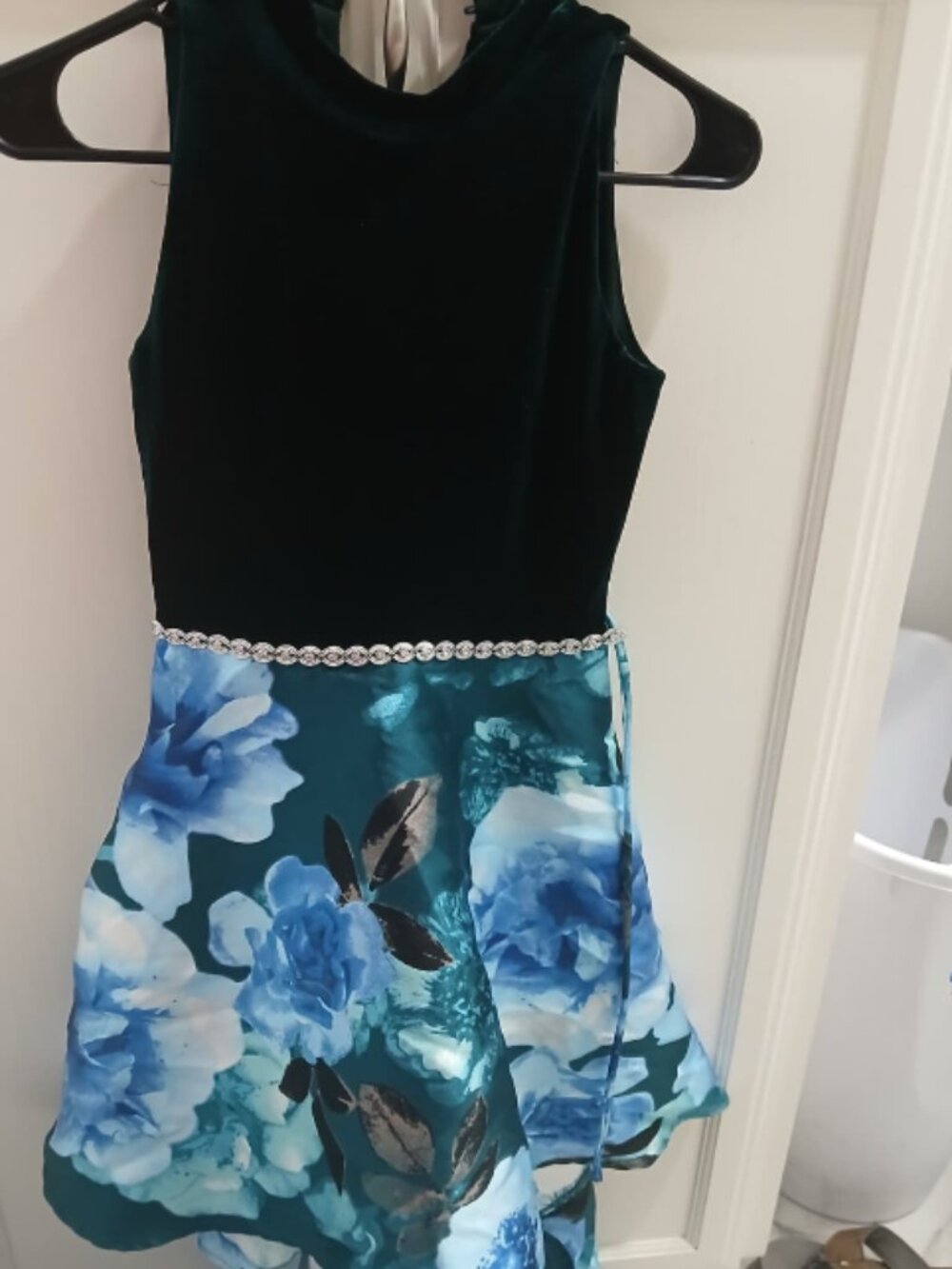 Speechless Girls Size 14 Hunter Green Velvet Blue Floral High-Low Party Dress